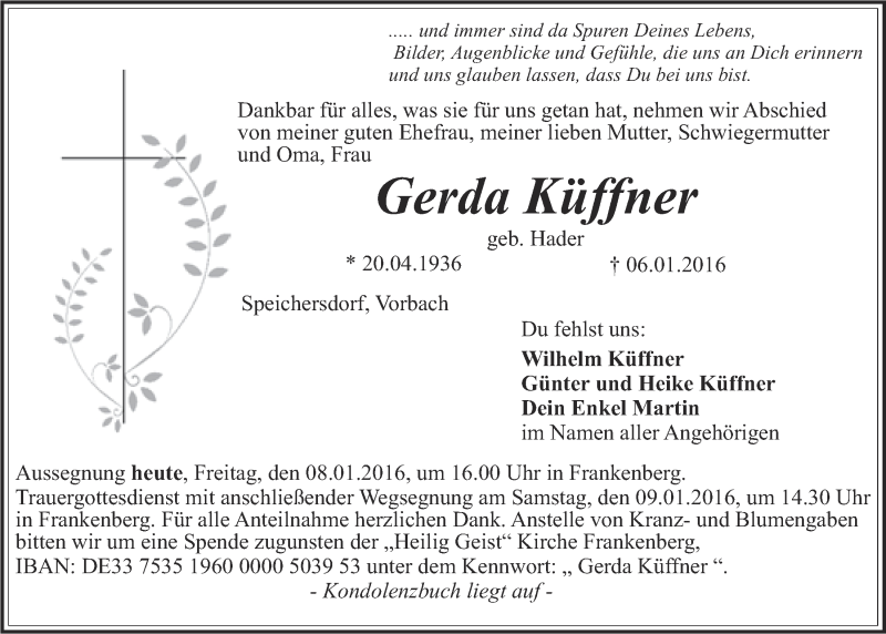 Traueranzeigen Von Gerda K Ffner Nordbayerischer Kurier