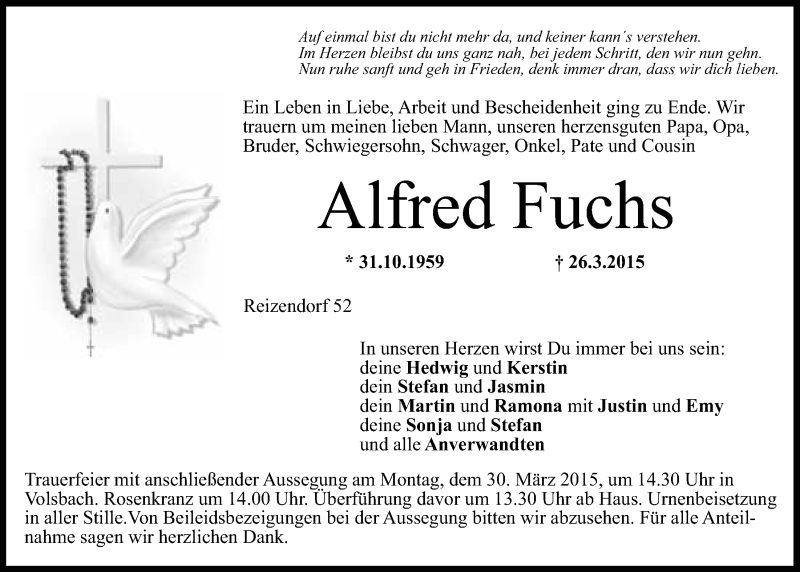 Traueranzeigen Von Alfred Fuchs Nordbayerischer Kurier