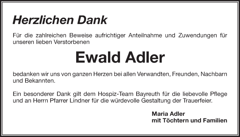 Traueranzeigen Von Ewald Adler Nordbayerischer Kurier