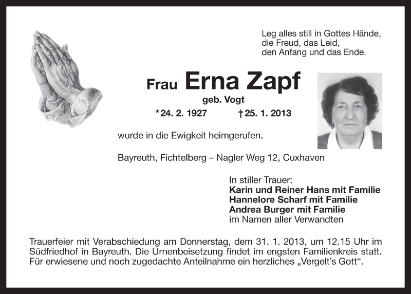 Traueranzeigen Von Erna Zapf Nordbayerischer Kurier