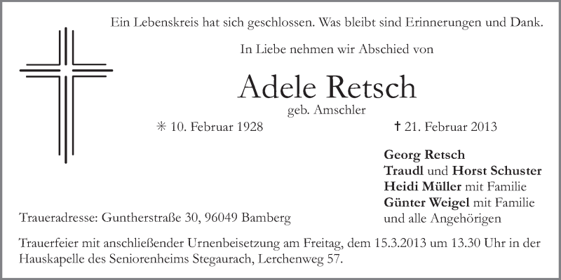 Traueranzeigen Von Adele Retsch Nordbayerischer Kurier