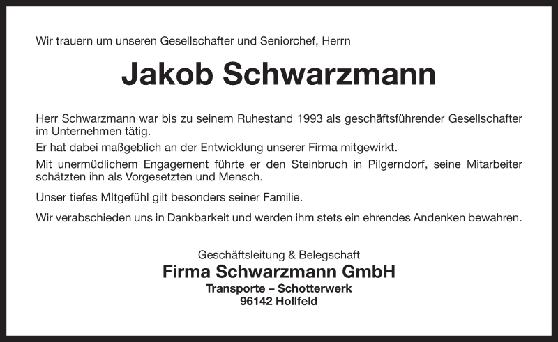 Traueranzeigen Von Jakob Schwarzmann Nordbayerischer Kurier