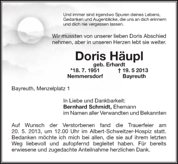 Anzeige von Doris Häupl von Nordbayerischer Kurier