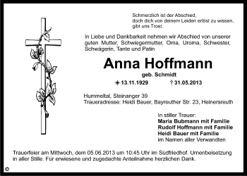 Traueranzeigen Von Anna Hoffmann Nordbayerischer Kurier