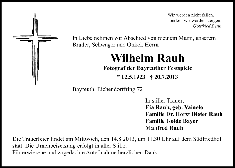 Traueranzeigen Von Wilhelm Rauh Nordbayerischer Kurier