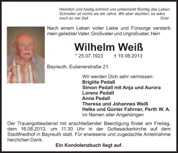 Traueranzeigen von Wilhelm Weiß Nordbayerischer Kurier