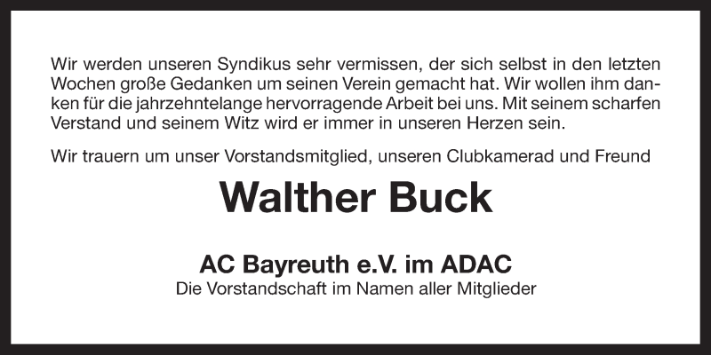 Traueranzeigen Von Walther Buck Nordbayerischer Kurier