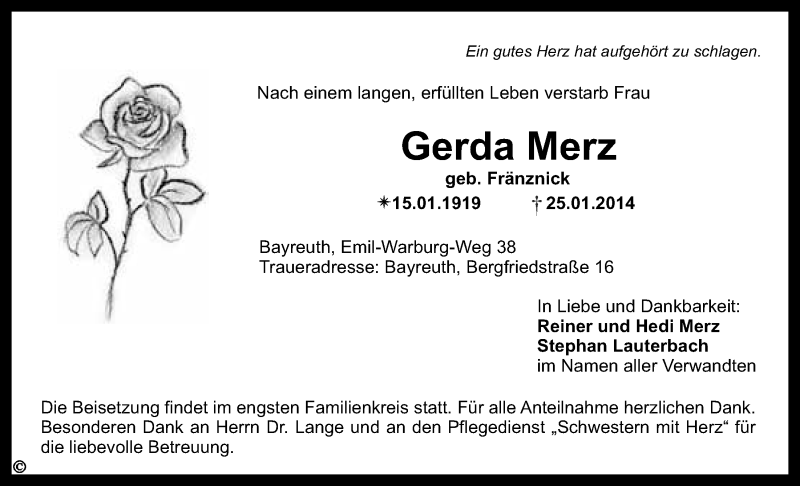 Traueranzeigen Von Gerda Merz Nordbayerischer Kurier