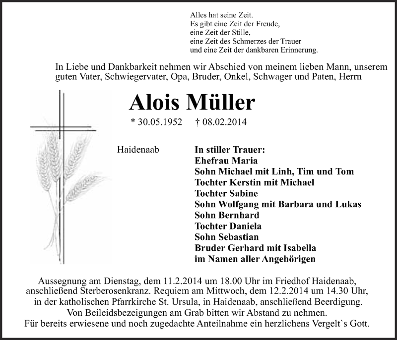 Traueranzeigen Von Alois M Ller Nordbayerischer Kurier