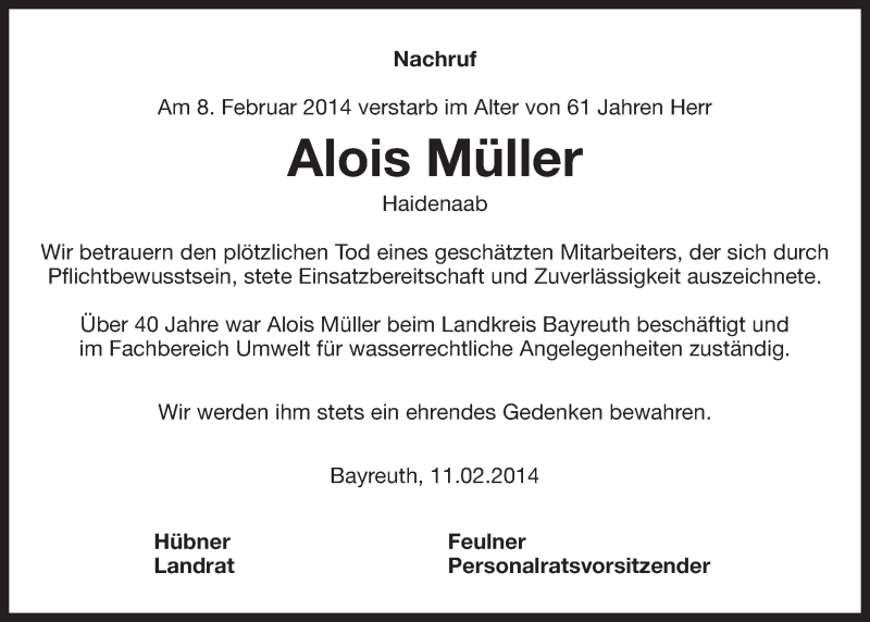 Traueranzeigen von Alois Müller Nordbayerischer Kurier