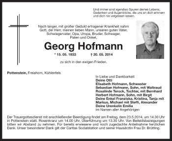 Traueranzeigen Von Georg Hofmann Nordbayerischer Kurier