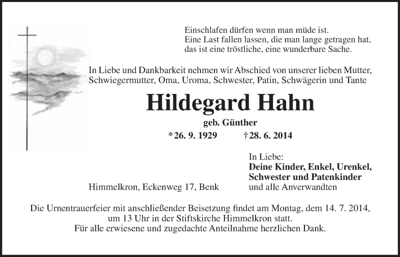 Traueranzeigen Von Hildegard Hahn Nordbayerischer Kurier