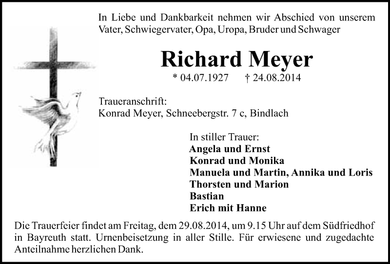 Traueranzeigen Von Richard Meyer Nordbayerischer Kurier