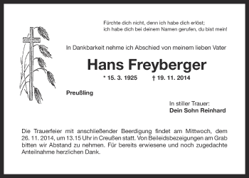 Traueranzeigen Von Hans Freyberger Nordbayerischer Kurier