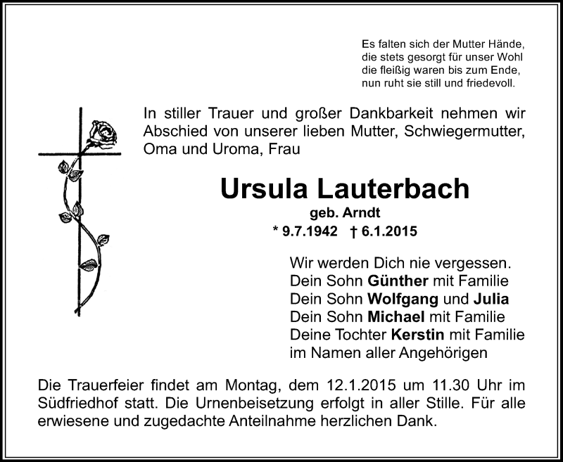 Traueranzeigen Von Ursula Lauterbach Nordbayerischer Kurier