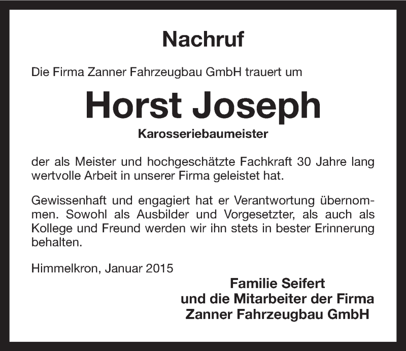 Traueranzeigen Von Horst Joseph Nordbayerischer Kurier