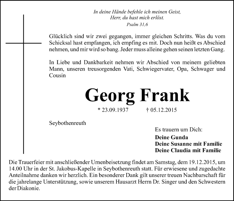 Traueranzeigen Von Georg Frank Nordbayerischer Kurier