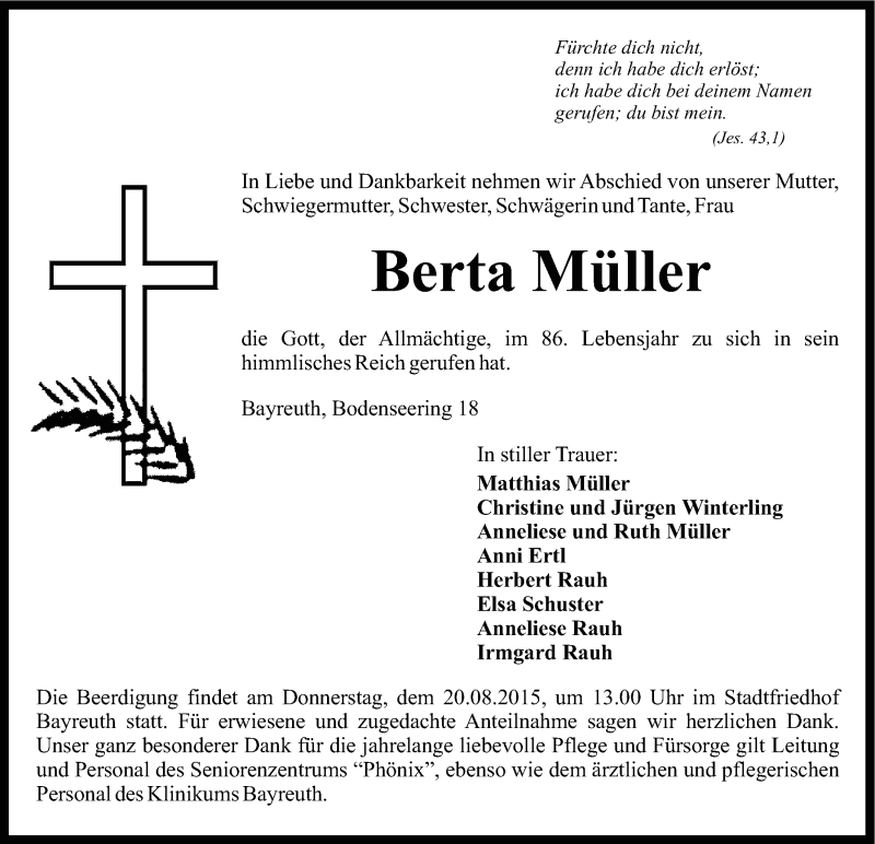 Traueranzeigen von Berta Müller Nordbayerischer Kurier