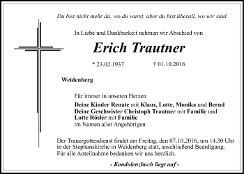 Traueranzeigen Von Erich Trautner Nordbayerischer Kurier