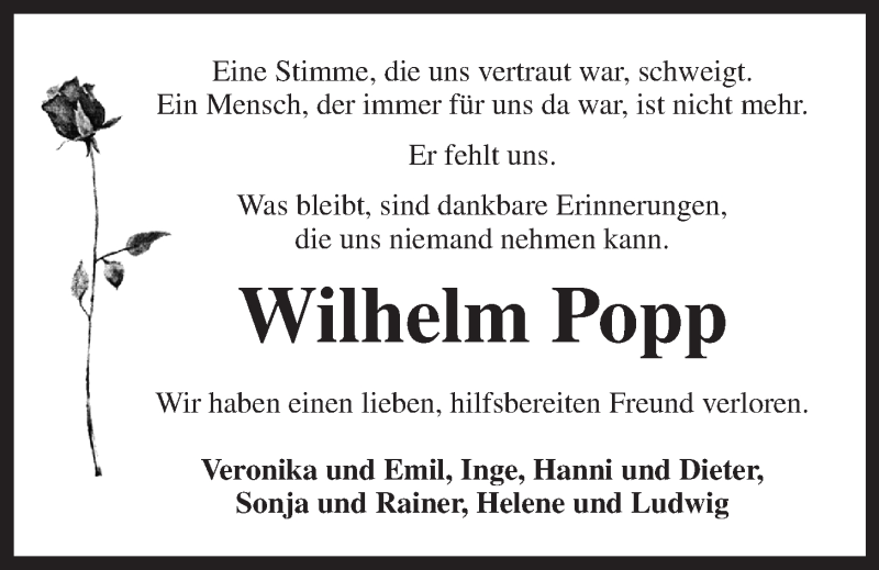 Traueranzeigen Von Wilhelm Popp Nordbayerischer Kurier