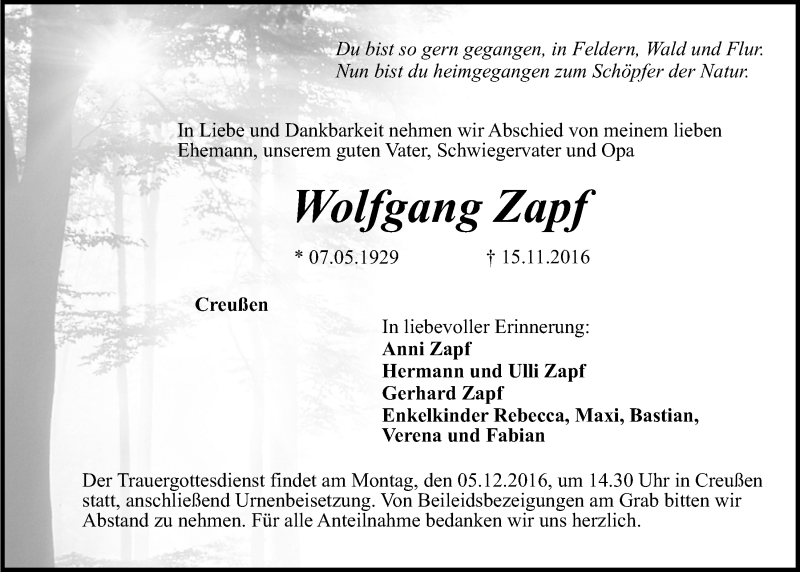 Traueranzeigen Von Wolfgang Zapf Nordbayerischer Kurier