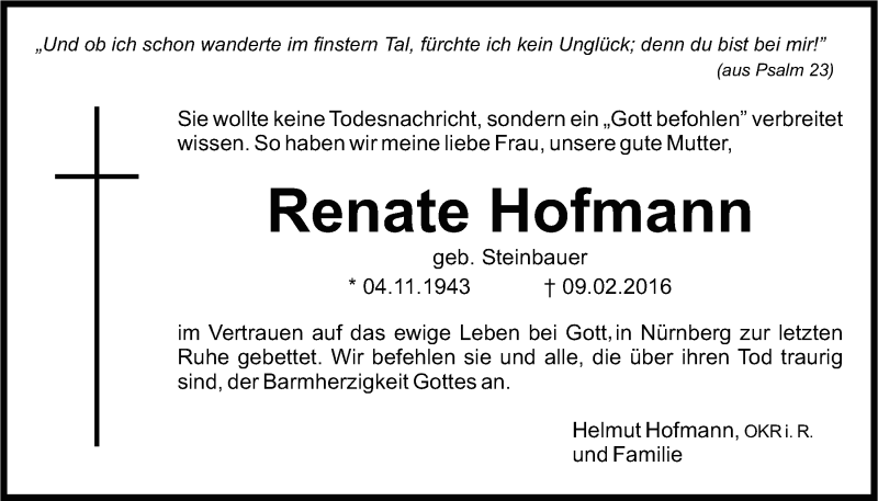 Traueranzeigen Von Renate Hofmann Nordbayerischer Kurier