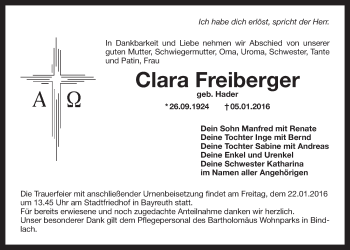 Traueranzeigen Von Clara Freiberger Nordbayerischer Kurier