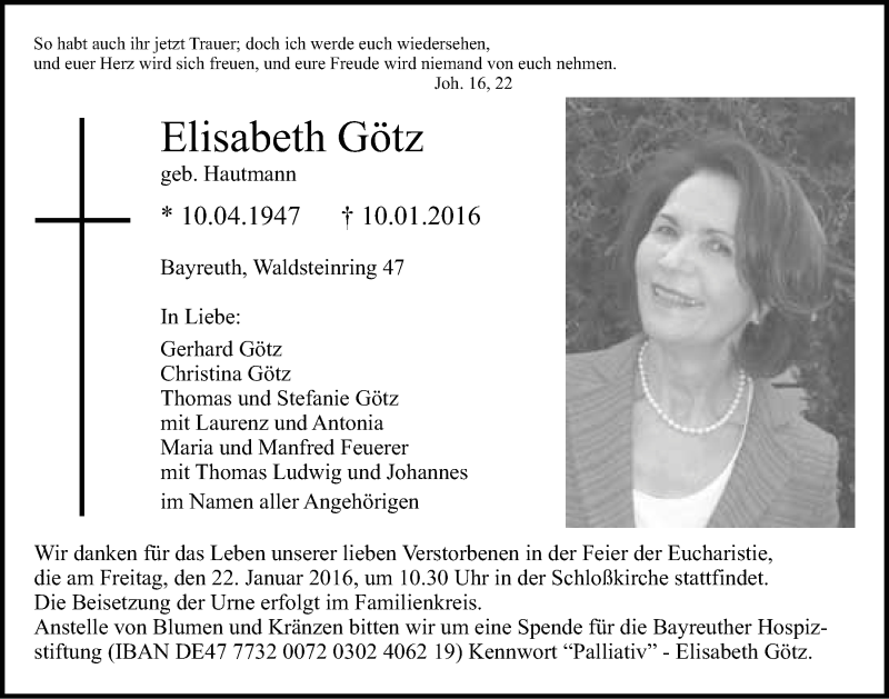 Traueranzeigen Von Elisabeth G Tz Nordbayerischer Kurier