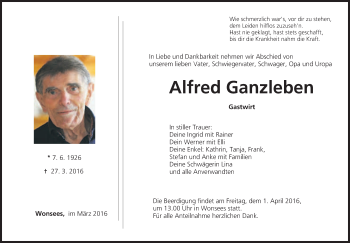 Traueranzeigen Von Alfred Ganzleben Nordbayerischer Kurier