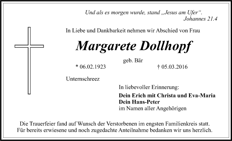 Traueranzeigen Von Margarete Dollhopf Nordbayerischer Kurier