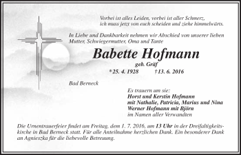 Traueranzeigen Von Babette Hofmann Nordbayerischer Kurier