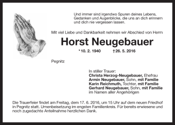 Traueranzeigen Von Horst Neugebauer Nordbayerischer Kurier