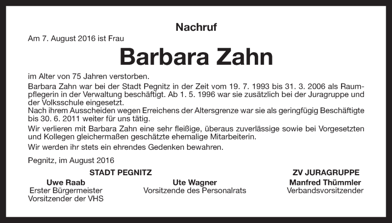 Traueranzeigen Von Barbara Zahn Nordbayerischer Kurier