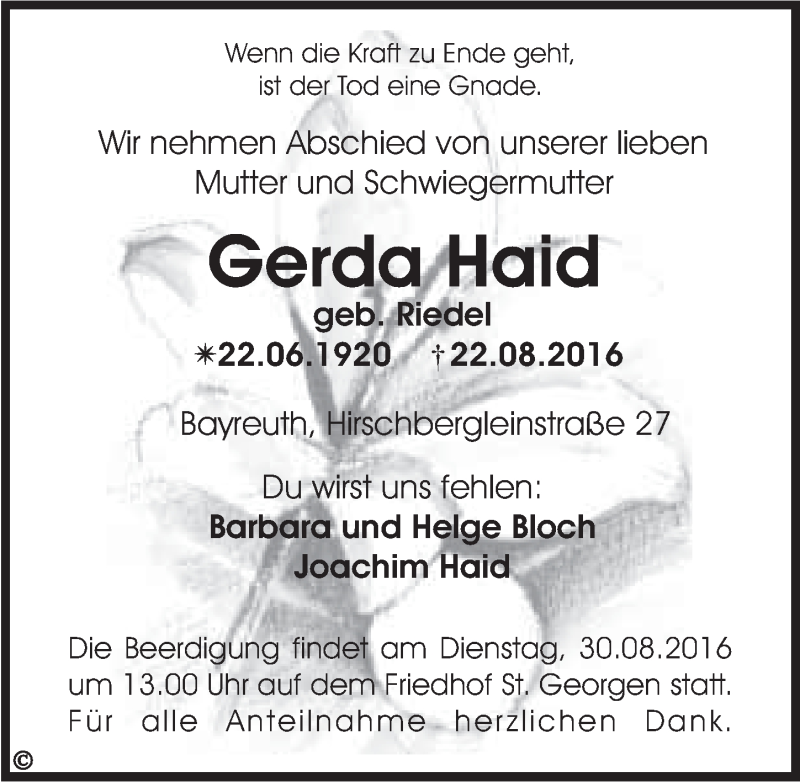 Traueranzeigen Von Gerda Haid Nordbayerischer Kurier