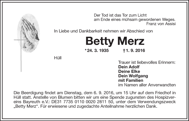 Traueranzeigen Von Betty Merz Nordbayerischer Kurier