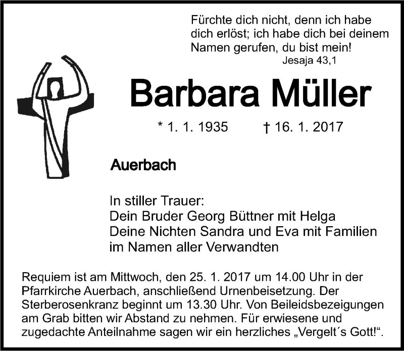 Traueranzeigen von Barbara Müller Nordbayerischer Kurier