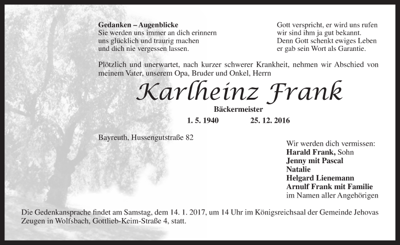 Traueranzeigen Von Karlheinz Frank Nordbayerischer Kurier