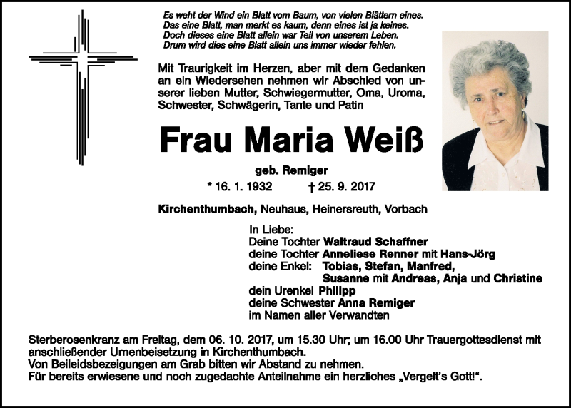 Traueranzeigen von Maria Weiß Nordbayerischer Kurier