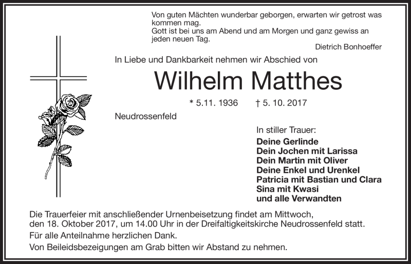 Traueranzeigen Von Wilhelm Matthes Nordbayerischer Kurier