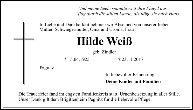 Traueranzeigen Von Hilde Wei Nordbayerischer Kurier