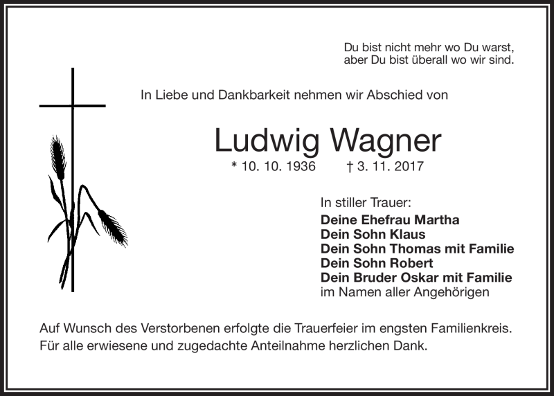 Traueranzeigen Von Ludwig Wagner Nordbayerischer Kurier