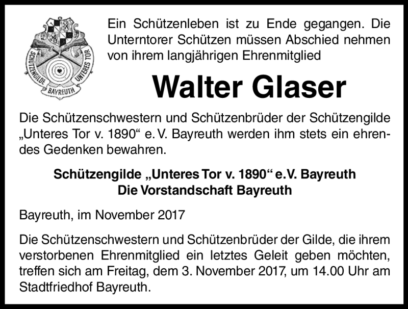 Traueranzeigen Von Walter Glaser Nordbayerischer Kurier