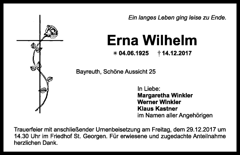 Traueranzeigen Von Erna Wilhelm Nordbayerischer Kurier