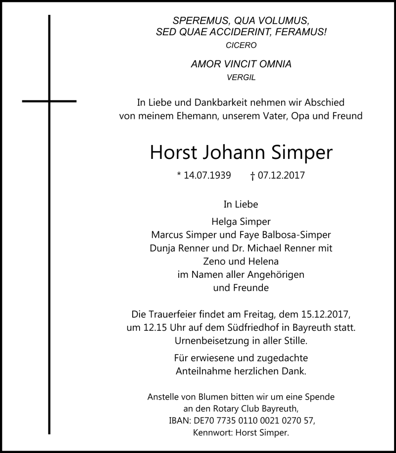 Traueranzeigen Von Horst Johann Simper Nordbayerischer Kurier