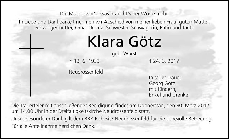 Traueranzeigen von Klara Götz Nordbayerischer Kurier