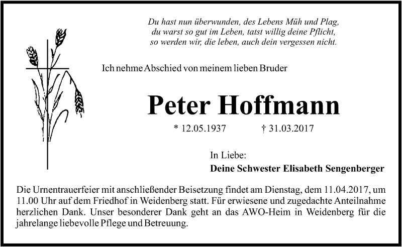 Traueranzeigen Von Peter Hoffmann Nordbayerischer Kurier