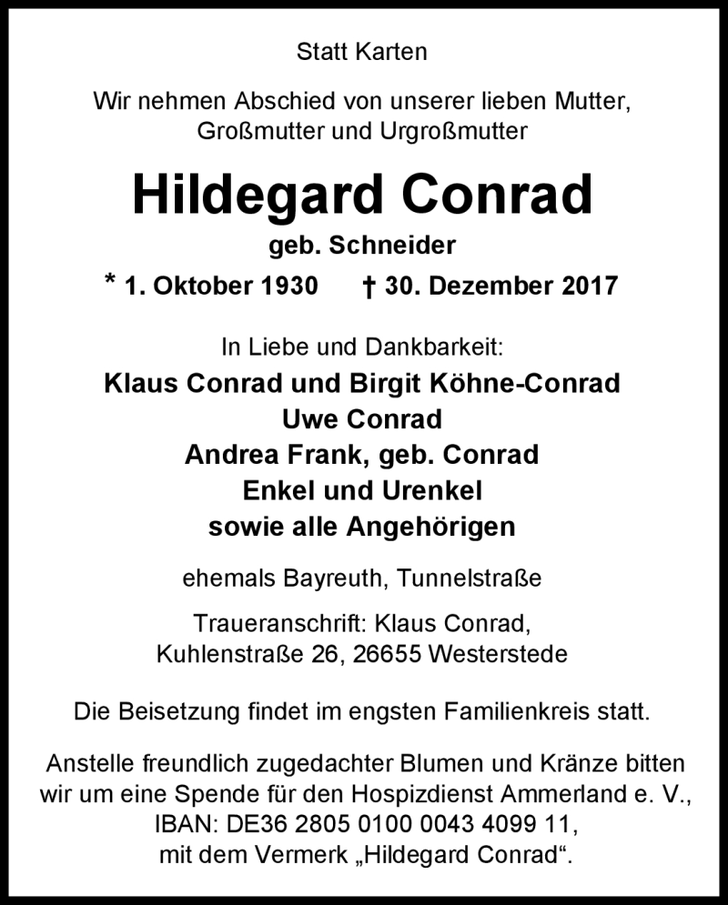 Traueranzeigen Von Hildegard Conrad Nordbayerischer Kurier