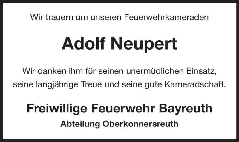 Traueranzeigen Von Adolf Neupert Nordbayerischer Kurier