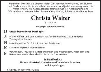 Traueranzeigen Von Christa Walter Nordbayerischer Kurier