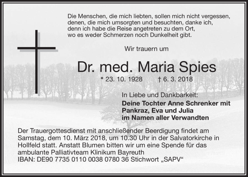 Traueranzeigen Von Maria Spies Nordbayerischer Kurier